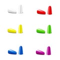 Earplugs. White and color set. Realistic 3d vector mock-up. Ear plugs isolated with shadow. Mockup. Template for design