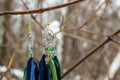 earrings of Dream catcher with feathers threads and beads rope hanging. Dreamcatcher handmade Royalty Free Stock Photo