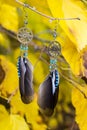 earrings of Handmade dream catcher with feathers threads and beads rope hanging Royalty Free Stock Photo