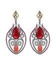 Earrings jewelry design vintage art set with ruby and diamond. Royalty Free Stock Photo