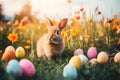 Ears Bunny with Decorated Easter Eggs In Flowery Field easter holiday theme