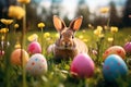 Ears Bunny with Decorated Easter Eggs In Flowery Field easter holiday theme