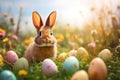 Ears Bunny with Decorated Easter Eggs In Flowery Field easter holiday theme