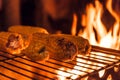 Ears of corn on a grill over high heat, night shooting. Royalty Free Stock Photo