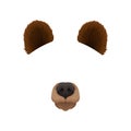 Ears and nose of brown bear. Mask of wild forest animal. Deatiled flat vector design for selfie photo decor or video