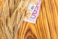 Ears of wheat and euro paper money on a wooden background. wheat crisis and record high prices for bakery products Royalty Free Stock Photo