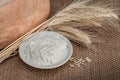 Ears, wheat grains and flour, products for the mill or bakery, ingredients for homemade bread Royalty Free Stock Photo