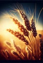 Ears of wheat ripen in a field at sunset. AI generated.