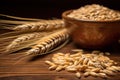 Ears of Wheat, Wheat ears and bowl of wheat grains on brown wooden background