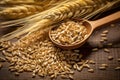 Ears of Wheat, Wheat ears and bowl of wheat grains on brown wooden background