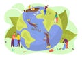 Eart planet ecology, vector illustration, Save world and nature environment concept, people character care flat