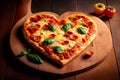 ÃÂ eart shaped pizza on a wooden board. Generative ai