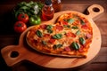 ÃÂ eart shaped pizza on a wooden board. Generative ai
