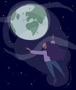 Girl with wavy hair holding the Earth in space with stars and clouds