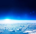 Earth Aerial View. Dark Blue Sky and Clouds.