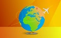 Earth with aircraft. Road trip. Trip to World. Travel to World. Vacation. Tourism. Travel banner. Open suitcase with landmarks. Royalty Free Stock Photo