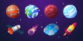 Earth, alien planets, rocket, ufo spaceship and meteor on background of outer space with stars. Vector cartoon set of shuttle. Royalty Free Stock Photo