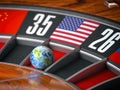 Earth as a ball of casino roulette with american USA flag in winning number. Time of world leadership of USA and winning in world