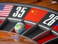 Earth as a ball of casino roulette with flag of China in winning number. Time of world leadership of China and winning in world