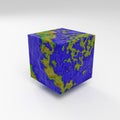 Earth as cube with texture of water and detailed relief map of the continents and ocean on light background 3d render