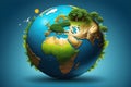Earth as a miniaturized planet featuring continents, oceans, and landscapes