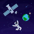 Earth with astronaut. Cosmonaut floating in stratosphere near earth planet, spaceship. Spacewalk explore at orbital