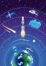 Earth atmosphere layers. Colorful infographic poster with meteors, radiosonde, satellite and spaceship. Vector Royalty Free Stock Photo