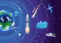 Earth atmosphere layers. Colorful infographic poster with meteors, radiosonde, satellite and spaceship. Vector Royalty Free Stock Photo