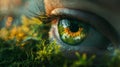 Earth awakening concept, save the planet. Close up image of woman green eye with landscape painted.