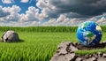 Earth on a background of grass and clouds versus a ruined Earth on a background Royalty Free Stock Photo