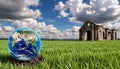 Earth on a background of grass and clouds versus a ruined Earth on a background Royalty Free Stock Photo