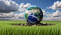 Earth on a background of grass and clouds versus a ruined Earth on a background Royalty Free Stock Photo