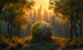 An earth ball with a city in its center surrounded by trees. Globe in forest