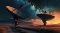 Earth-based observatory with dual radio telescopes connecting with starry expanse