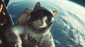 The earth is below a cute cat that is floating in space while wearing an astronaut suit Royalty Free Stock Photo