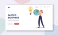 Earth Biosphere Landing Page Template. Female Character Holding Earth Globe, Man Flying on Air Balloon. Save the Planet