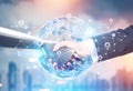 Planet, network, businessman and robot handshake Royalty Free Stock Photo