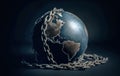 Earth bound by heavy chains, against a dark background, concept of environmental constraints and global restriction