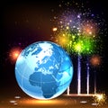 Earth and Brightly Colorful Vector Fireworks and S Royalty Free Stock Photo