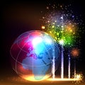 Earth and brightly colorful vector fireworks Royalty Free Stock Photo