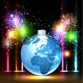 Earth and brightly colorful vector fireworks Royalty Free Stock Photo