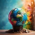 Earth in bulb holder in colorful background with copy space. Earth Day April 22. Environment Day June 5. Energy saving concept