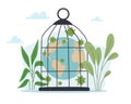 Earth in cage. Coronavirus quarantine. World isolation. Pandemic lockdown. Planet close in birdcage with virus. Fight