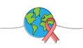 Earth with cancer aid ribbon colored one line continuous drawing. World map silhouette continuous one line colorful