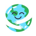 Earth caring. Cute planet mascot hugs himself, ecology concept, protect and take care nature. Cute globe character