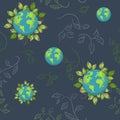 Earth. Cartoon globe with leaves. web icons green happy nature character. love ecology earth planet world map seamless pattern