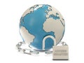 Earth, chain and opened padlock with access grante Royalty Free Stock Photo