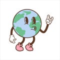 Earth character in trendy retro cartoon style. Funny globe with smiley jolly face. Vintage planet mascot with arms and