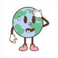 Earth character in trendy retro cartoon style. Unhappy globe icon feeling hot. Vintage planet mascot trendy sticker Royalty Free Stock Photo