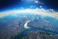 Earth and city space view. Satellite or plane view of the planet. Generated AI. Royalty Free Stock Photo